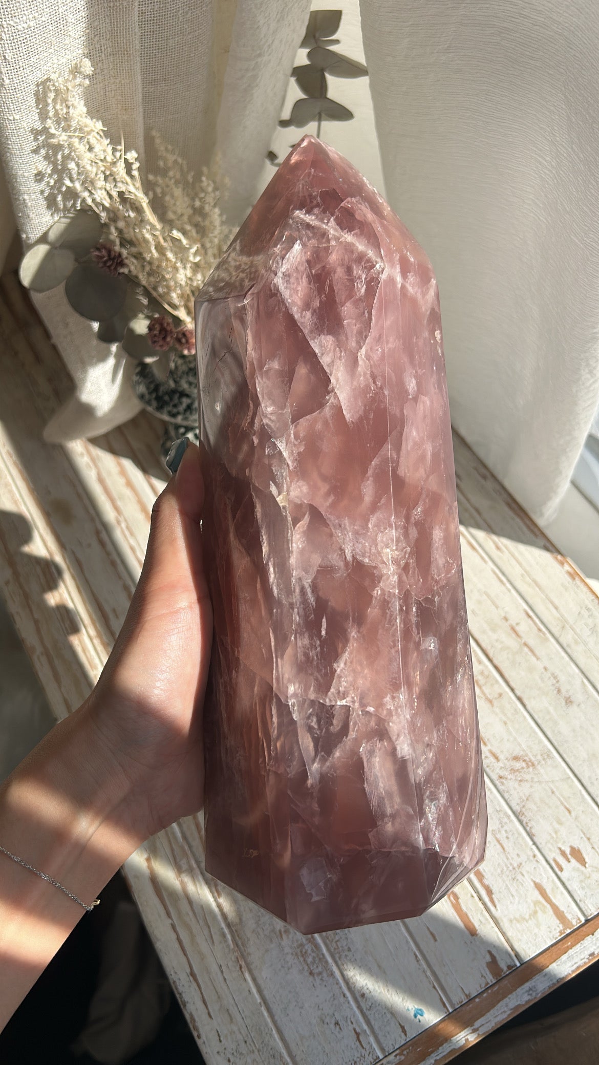 Deep pink rose quartz tower